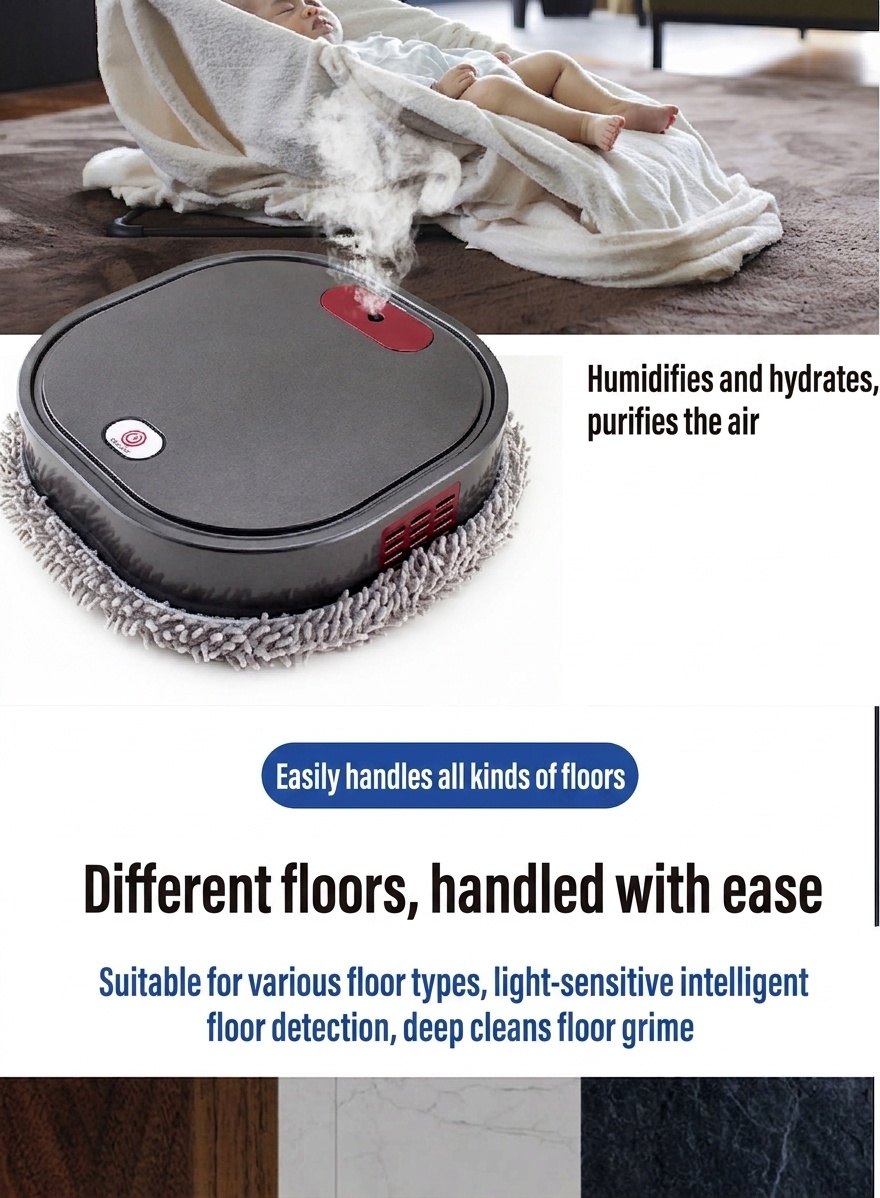 Smart Robot Mop, Auto Floor Cleaner with Humidifying Mist & UV Light Sterilization, Slim 6cm Design, Dry/Wet Mopping, Quiet Operation, 90-Min Battery Life