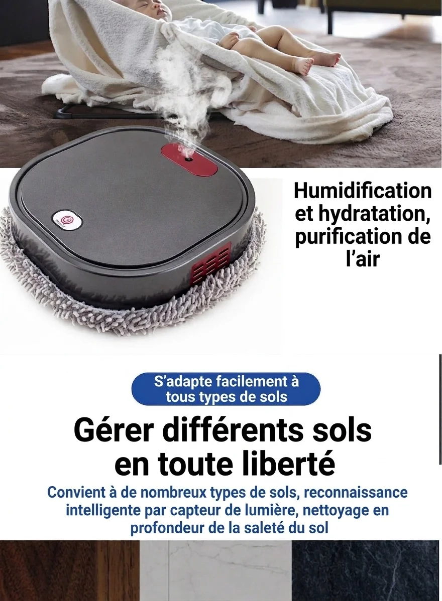 Robot laveur de sols intelligent, nettoyeur de sols automatique avec brumisation humidifiante et stérilisation UV, design fin de 6 cm, lavage à sec/humide, fonctionnement silencieux, autonomie de 90 minutes