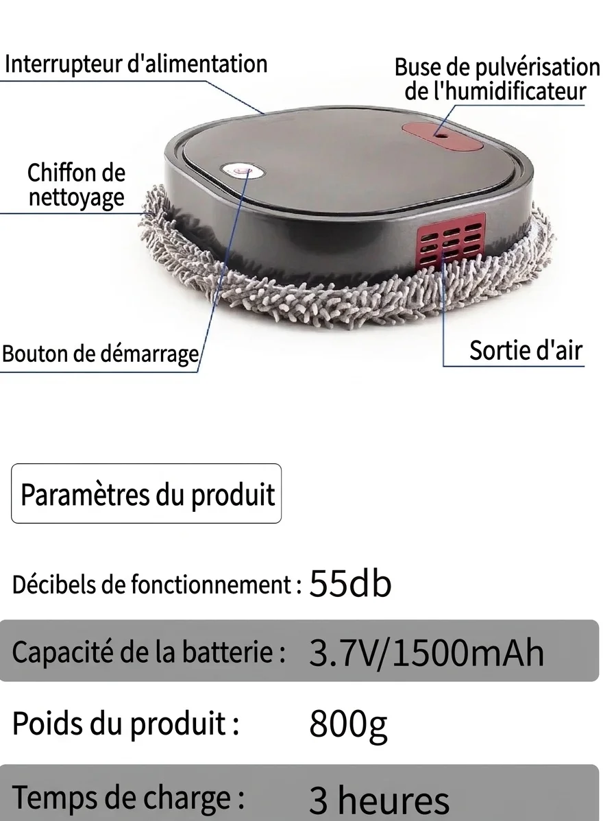 Robot laveur de sols intelligent, nettoyeur de sols automatique avec brumisation humidifiante et stérilisation UV, design fin de 6 cm, lavage à sec/humide, fonctionnement silencieux, autonomie de 90 minutes
