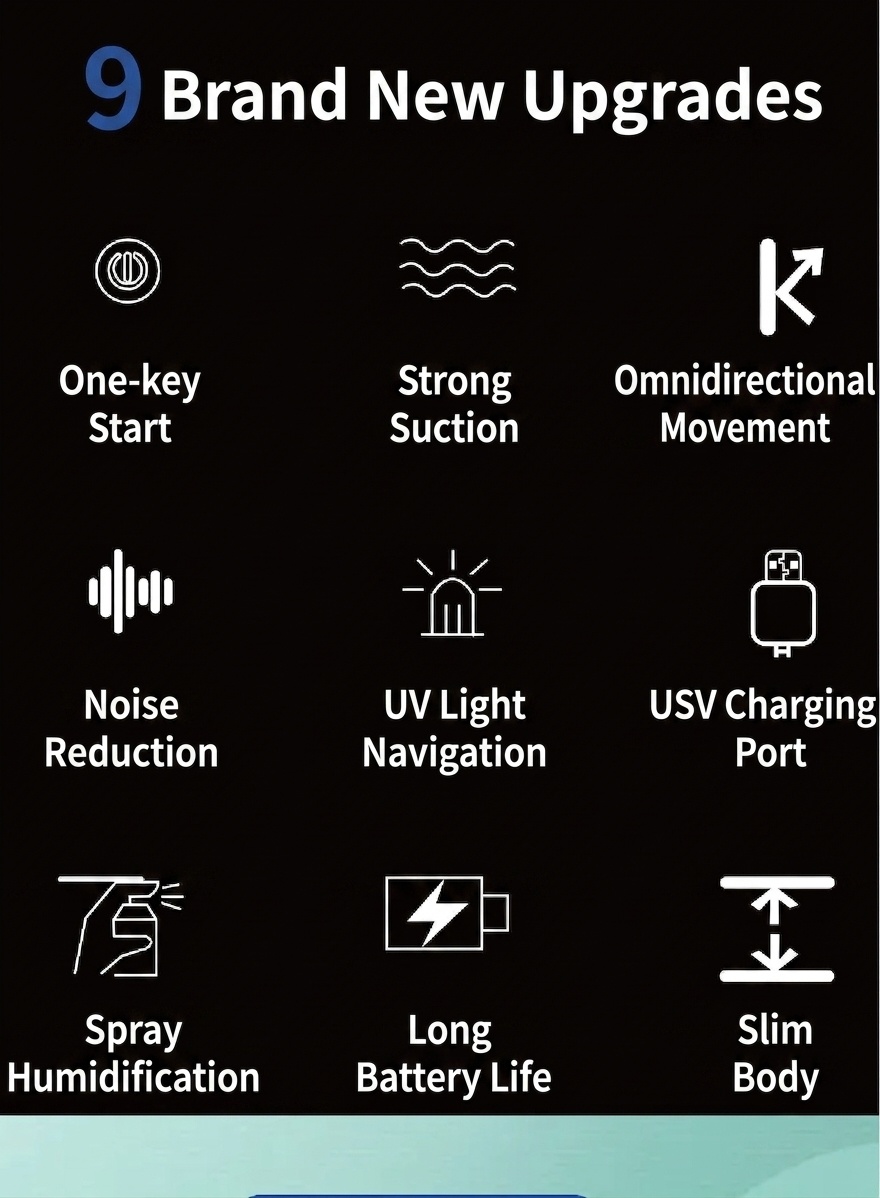 Smart Robot Mop, Auto Floor Cleaner with Humidifying Mist & UV Light Sterilization, Slim 6cm Design, Dry/Wet Mopping, Quiet Operation, 90-Min Battery Life