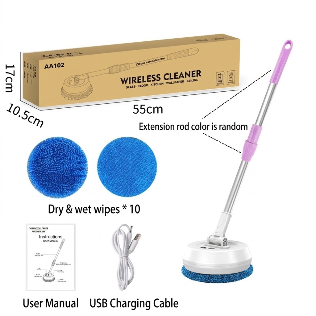 Wireless Electric Spin Mop & Scrubber, Multi-Surface Cleaner for Floors & Glass, Powerful Rotating Head, Dry/Wet Cleaning, 1200mAh Battery, 90-Min Runtime