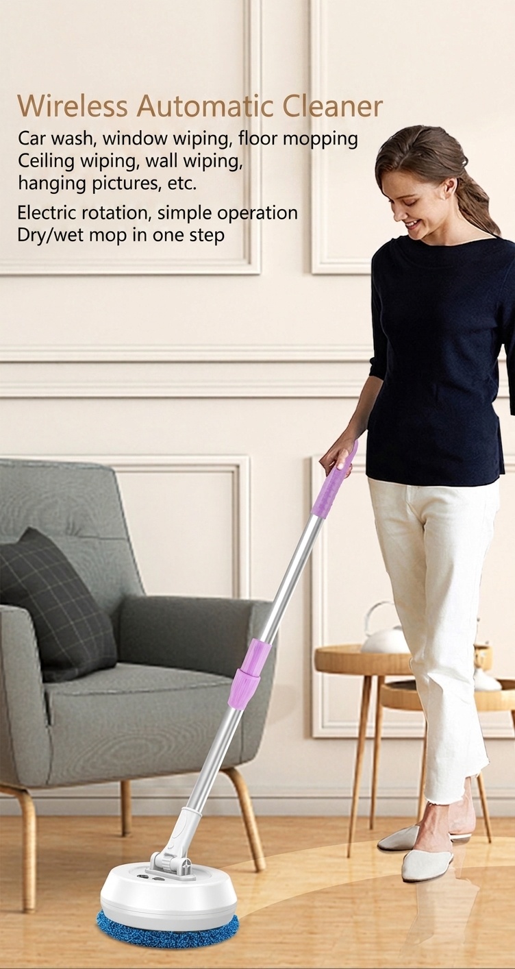 Wireless Electric Spin Mop & Scrubber, Multi-Surface Cleaner for Floors & Glass, Powerful Rotating Head, Dry/Wet Cleaning, 1200mAh Battery, 90-Min Runtime