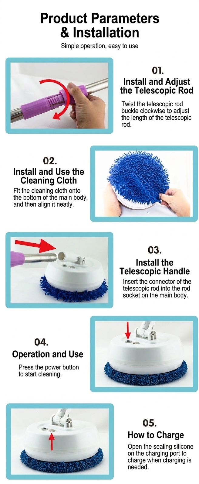 Wireless Electric Spin Mop & Scrubber, Multi-Surface Cleaner for Floors & Glass, Powerful Rotating Head, Dry/Wet Cleaning, 1200mAh Battery, 90-Min Runtime