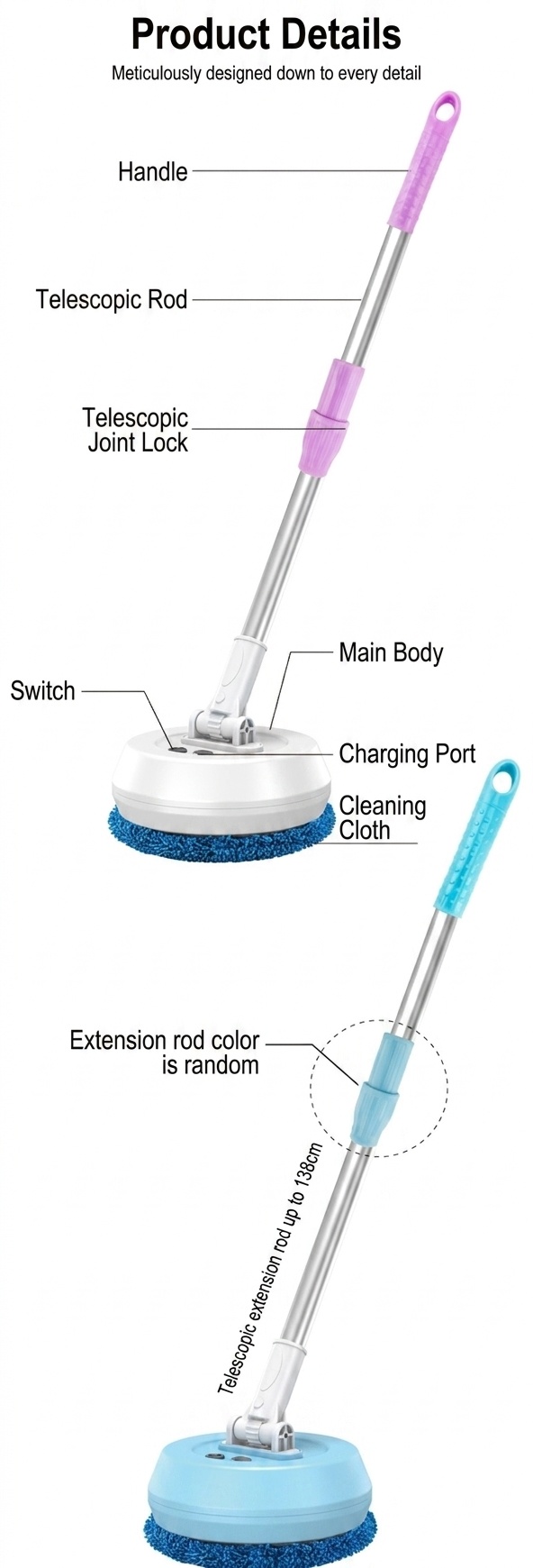 Wireless Electric Spin Mop & Scrubber, Multi-Surface Cleaner for Floors & Glass, Powerful Rotating Head, Dry/Wet Cleaning, 1200mAh Battery, 90-Min Runtime