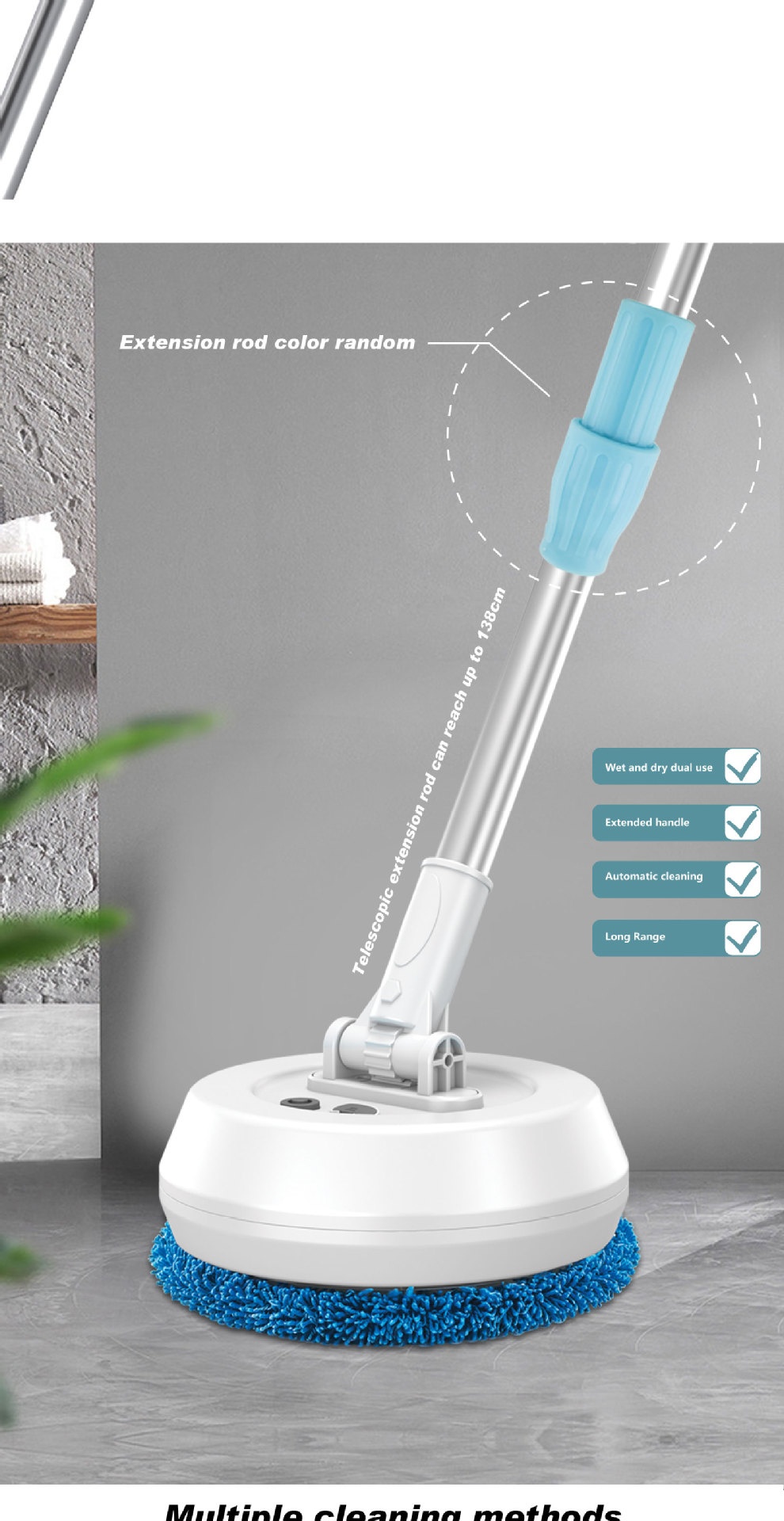 Wireless Electric Spin Mop & Scrubber, Multi-Surface Cleaner for Floors & Glass, Powerful Rotating Head, Dry/Wet Cleaning, 1200mAh Battery, 90-Min Runtime