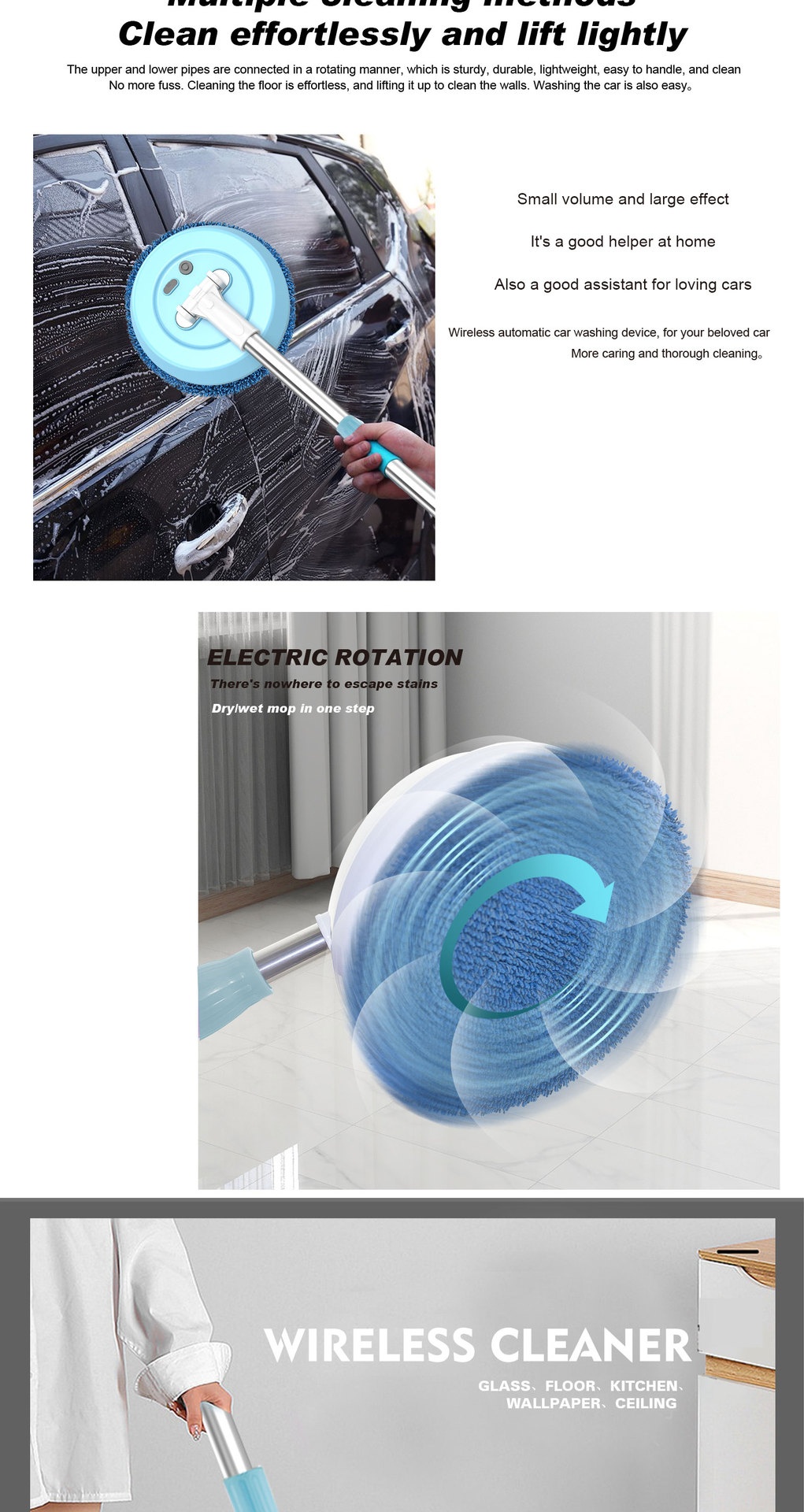 Wireless Electric Spin Mop & Scrubber, Multi-Surface Cleaner for Floors & Glass, Powerful Rotating Head, Dry/Wet Cleaning, 1200mAh Battery, 90-Min Runtime