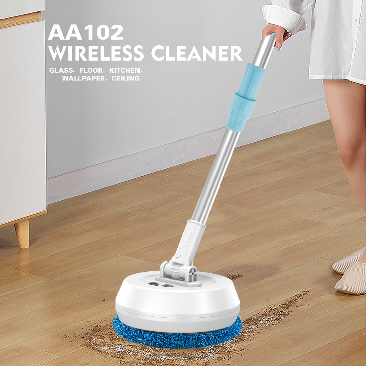 Wireless Electric Spin Mop & Scrubber, Multi-Surface Cleaner for Floors & Glass, Powerful Rotating Head, Dry/Wet Cleaning, 1200mAh Battery, 90-Min Runtime
