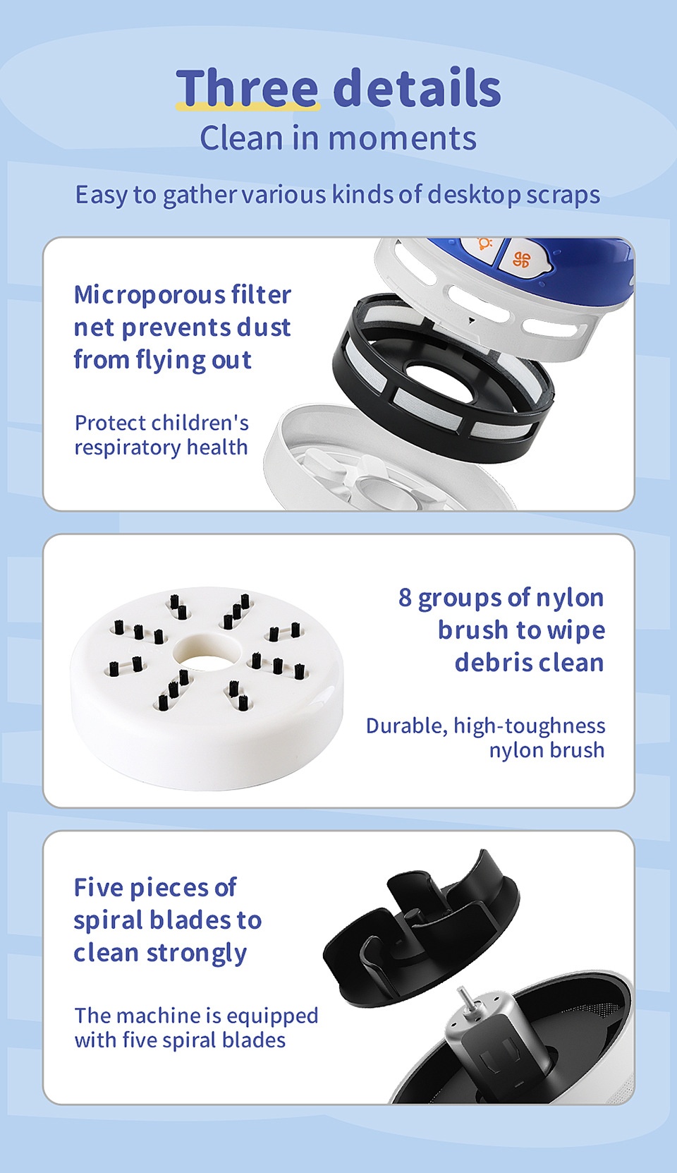 Cute Mini Desktop Vacuum Cleaner with LED Light, USB Rechargeable Portable Dust Sweeper, 360° Upward Wind, Nylon Brush, 500mAh Battery, 50-Min Runtime