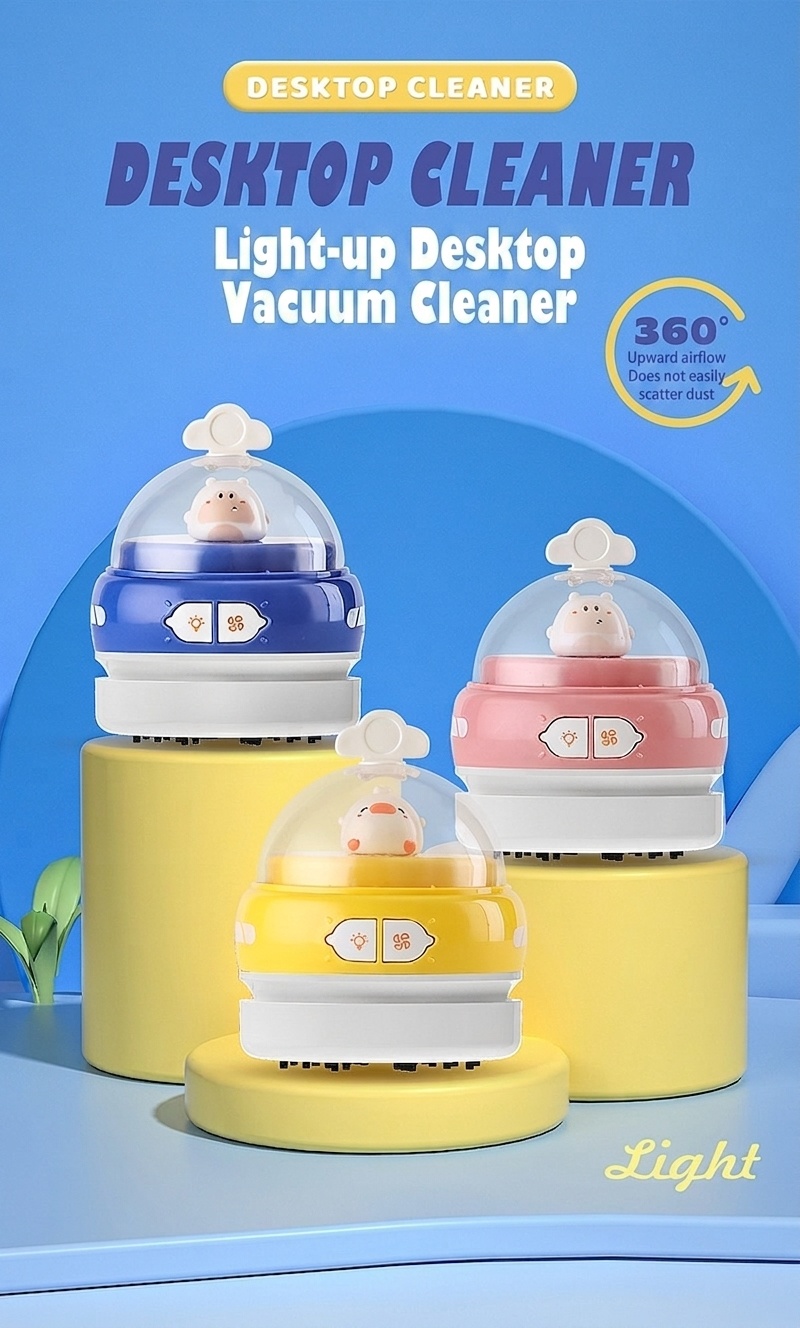 Cute Mini Desktop Vacuum Cleaner with LED Light, USB Rechargeable Portable Dust Sweeper, 360° Upward Wind, Nylon Brush, 500mAh Battery, 50-Min Runtime