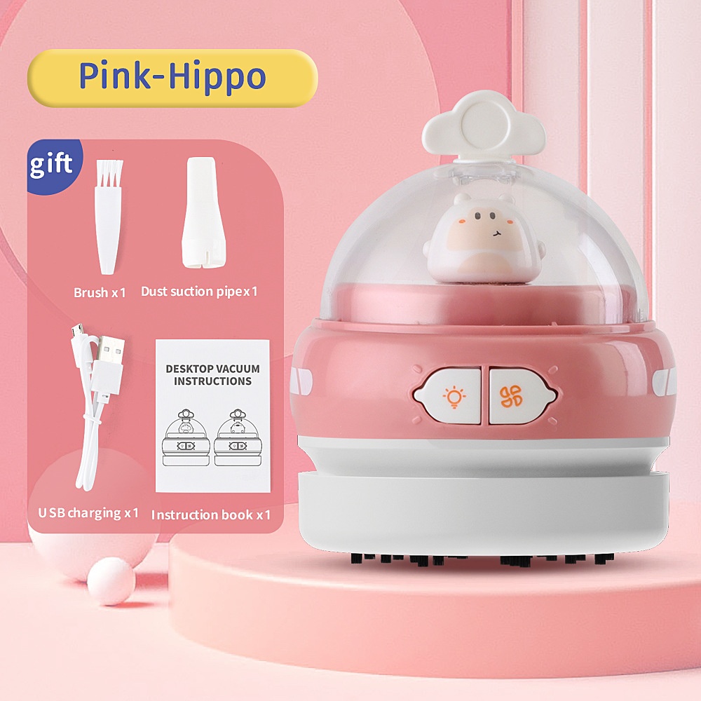 Cute Mini Desktop Vacuum Cleaner with LED Light, USB Rechargeable Portable Dust Sweeper, 360° Upward Wind, Nylon Brush, 500mAh Battery, 50-Min Runtime