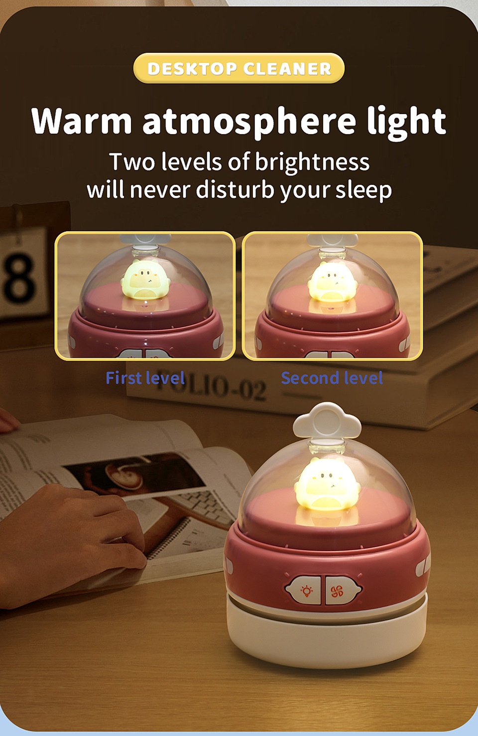 Cute Mini Desktop Vacuum Cleaner with LED Light, USB Rechargeable Portable Dust Sweeper, 360° Upward Wind, Nylon Brush, 500mAh Battery, 50-Min Runtime