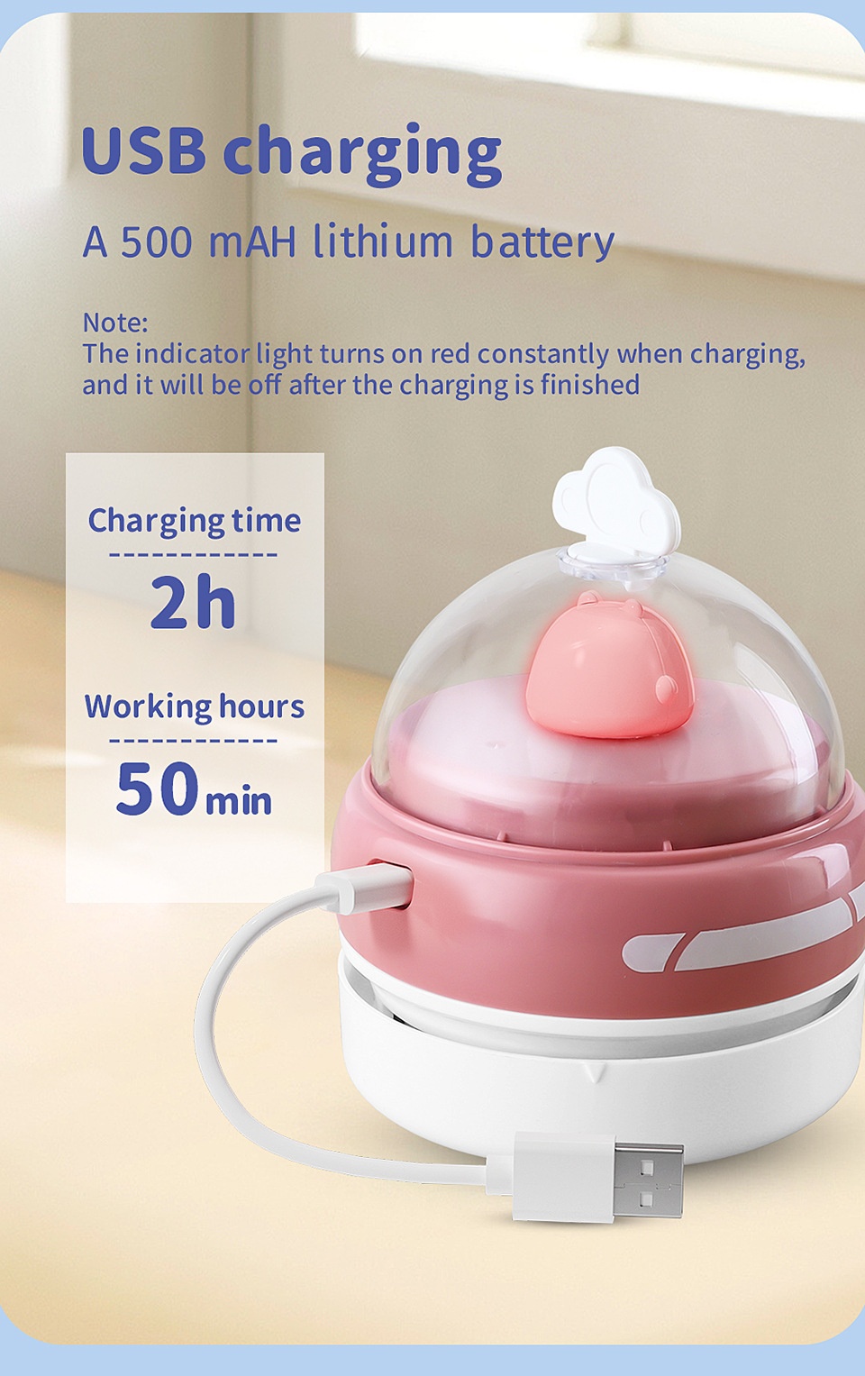 Cute Mini Desktop Vacuum Cleaner with LED Light, USB Rechargeable Portable Dust Sweeper, 360° Upward Wind, Nylon Brush, 500mAh Battery, 50-Min Runtime