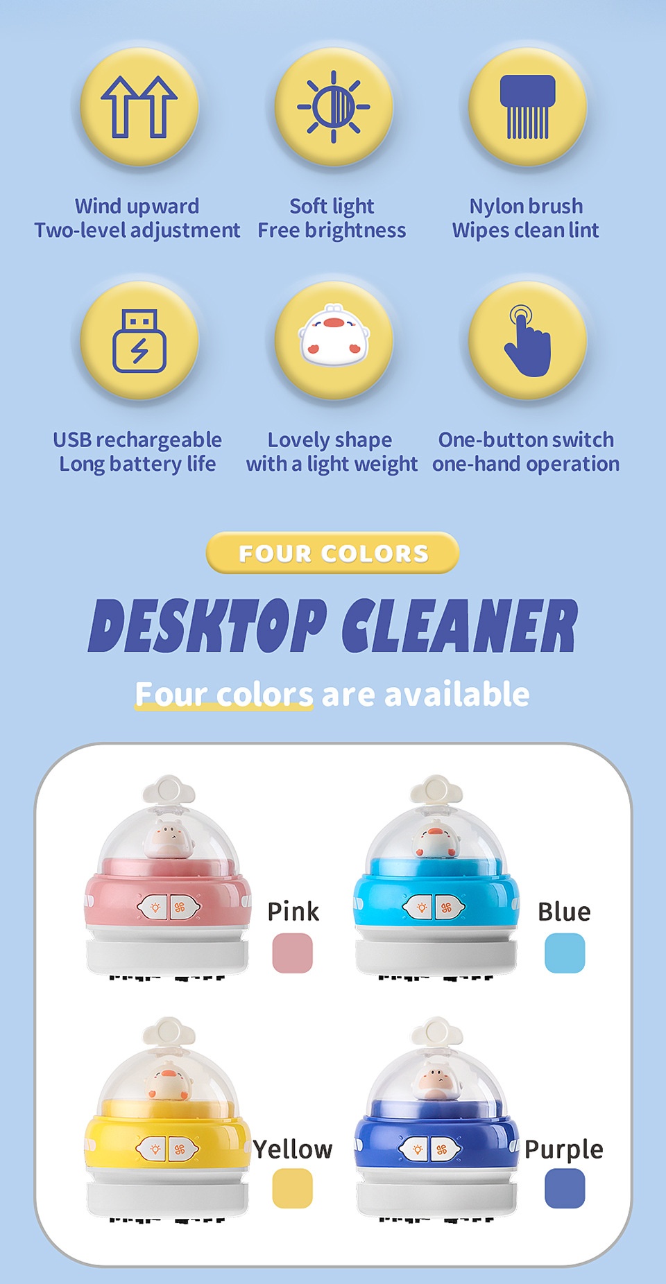 Cute Mini Desktop Vacuum Cleaner with LED Light, USB Rechargeable Portable Dust Sweeper, 360° Upward Wind, Nylon Brush, 500mAh Battery, 50-Min Runtime