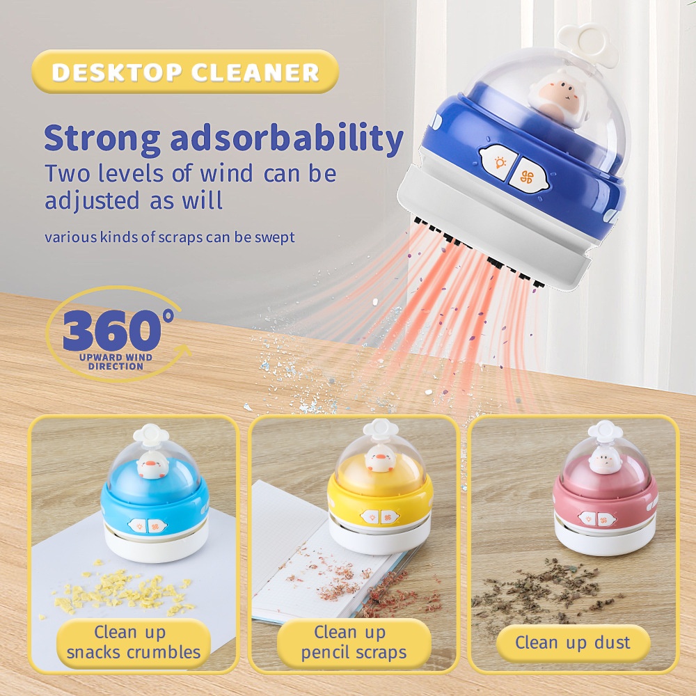 Cute Mini Desktop Vacuum Cleaner with LED Light, USB Rechargeable Portable Dust Sweeper, 360° Upward Wind, Nylon Brush, 500mAh Battery, 50-Min Runtime
