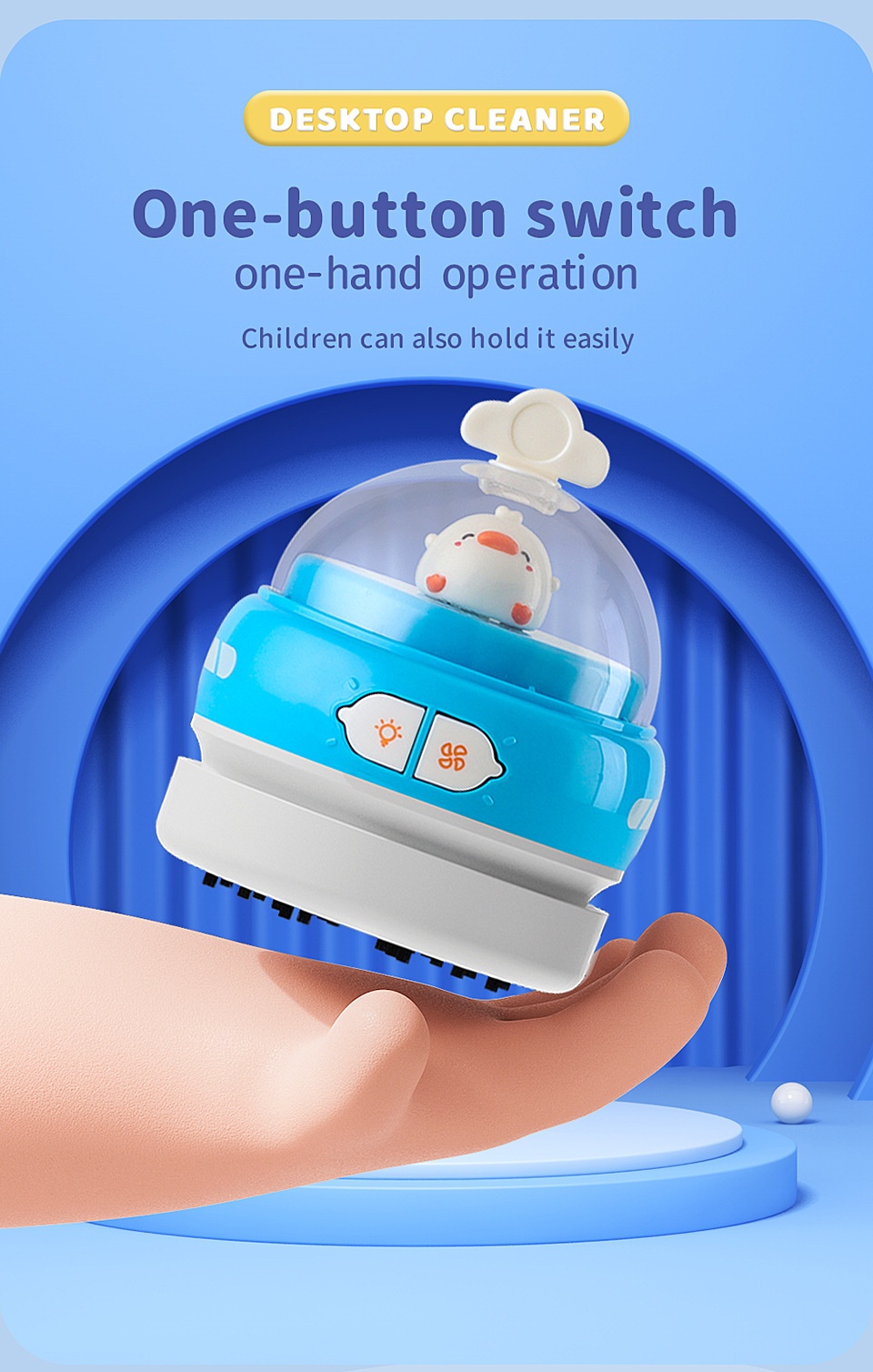 Cute Mini Desktop Vacuum Cleaner with LED Light, USB Rechargeable Portable Dust Sweeper, 360° Upward Wind, Nylon Brush, 500mAh Battery, 50-Min Runtime