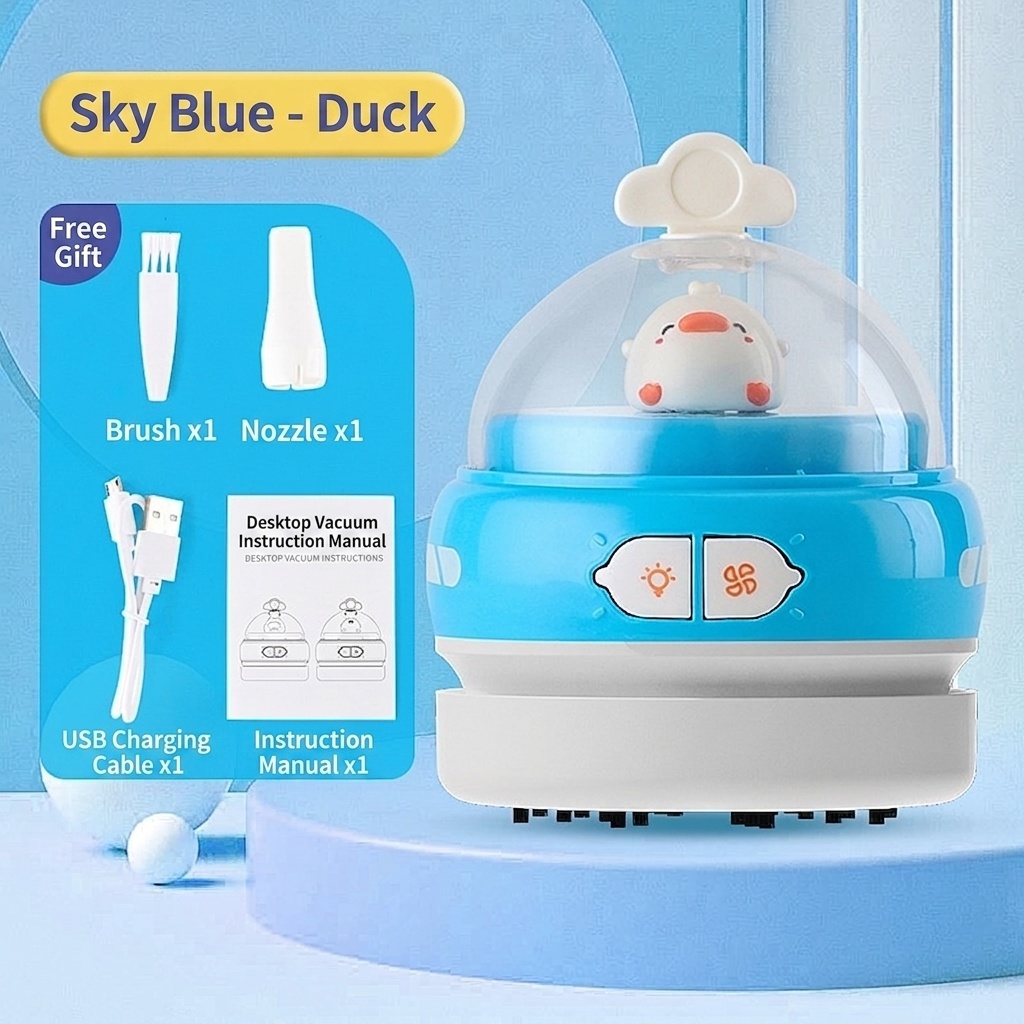 Cute Mini Desktop Vacuum Cleaner with LED Light, USB Rechargeable Portable Dust Sweeper, 360° Upward Wind, Nylon Brush, 500mAh Battery, 50-Min Runtime