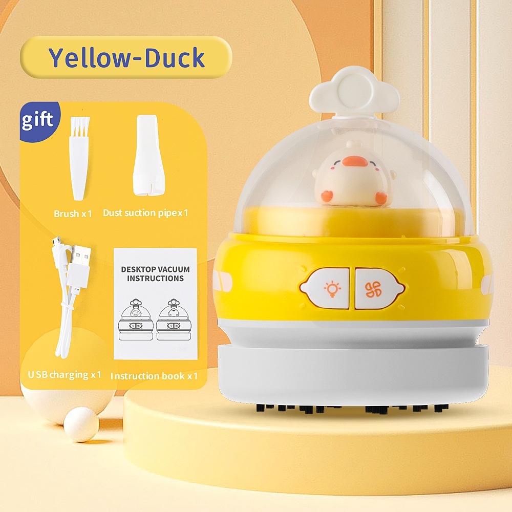 Cute Mini Desktop Vacuum Cleaner with LED Light, USB Rechargeable Portable Dust Sweeper, 360° Upward Wind, Nylon Brush, 500mAh Battery, 50-Min Runtime