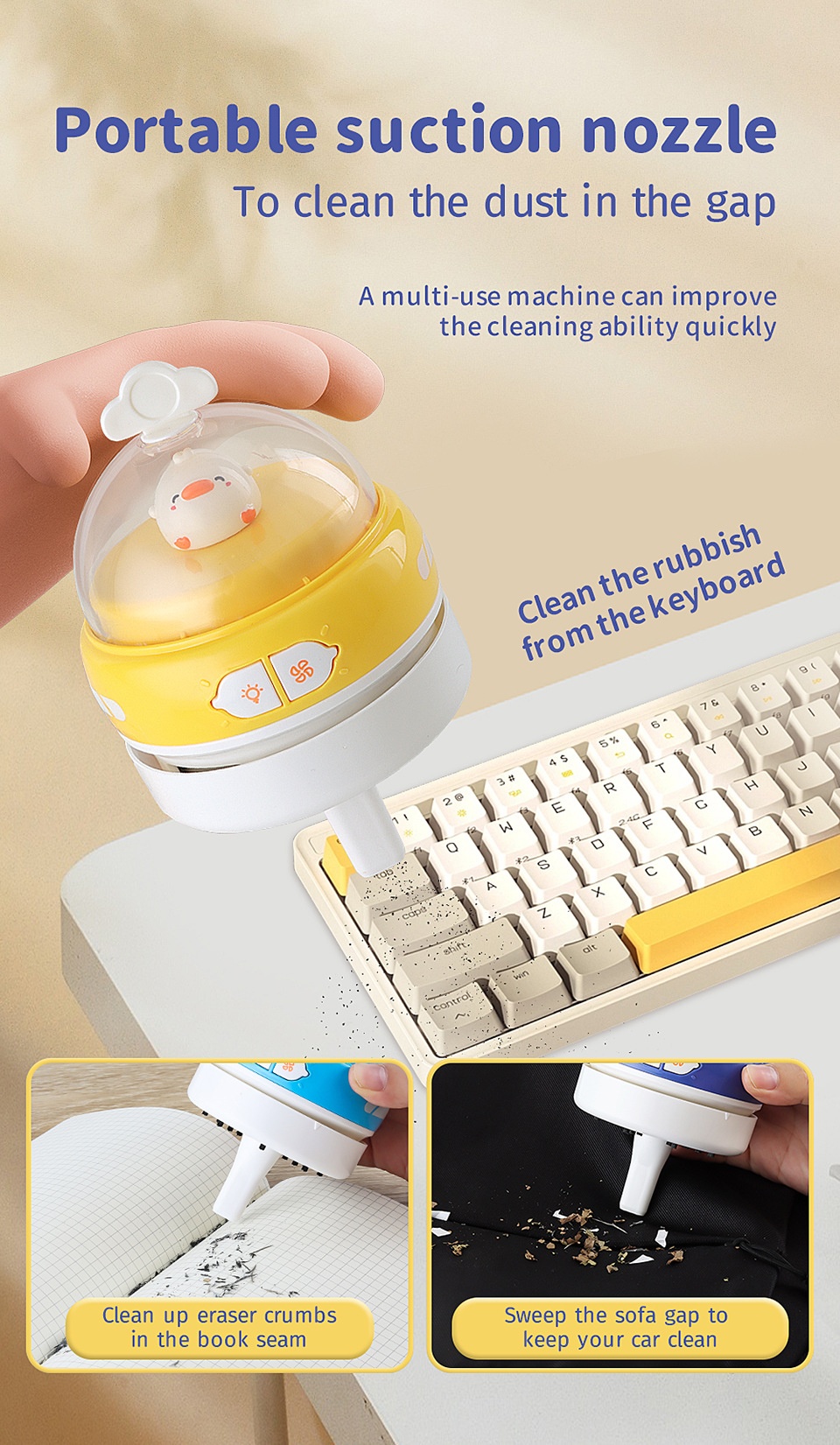 Cute Mini Desktop Vacuum Cleaner with LED Light, USB Rechargeable Portable Dust Sweeper, 360° Upward Wind, Nylon Brush, 500mAh Battery, 50-Min Runtime