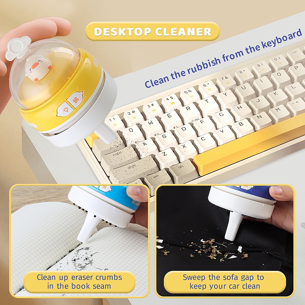Cute Mini Desktop Vacuum Cleaner with LED Light, USB Rechargeable Portable Dust Sweeper, 360° Upward Wind, Nylon Brush, 500mAh Battery, 50-Min Runtime