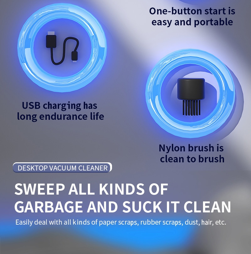 Mini Desktop Vacuum Cleaner, USB Rechargeable Portable Dust Sweeper for Crumbs & Pet Hair, 500mAh Battery, Powerful Suction, Microporous Filter, 5 Spiral Blades