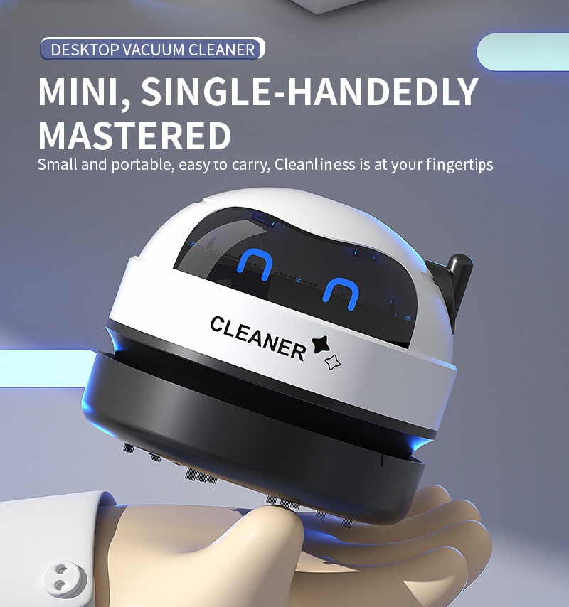 Mini Desktop Vacuum Cleaner, USB Rechargeable Portable Dust Sweeper for Crumbs & Pet Hair, 500mAh Battery, Powerful Suction, Microporous Filter, 5 Spiral Blades