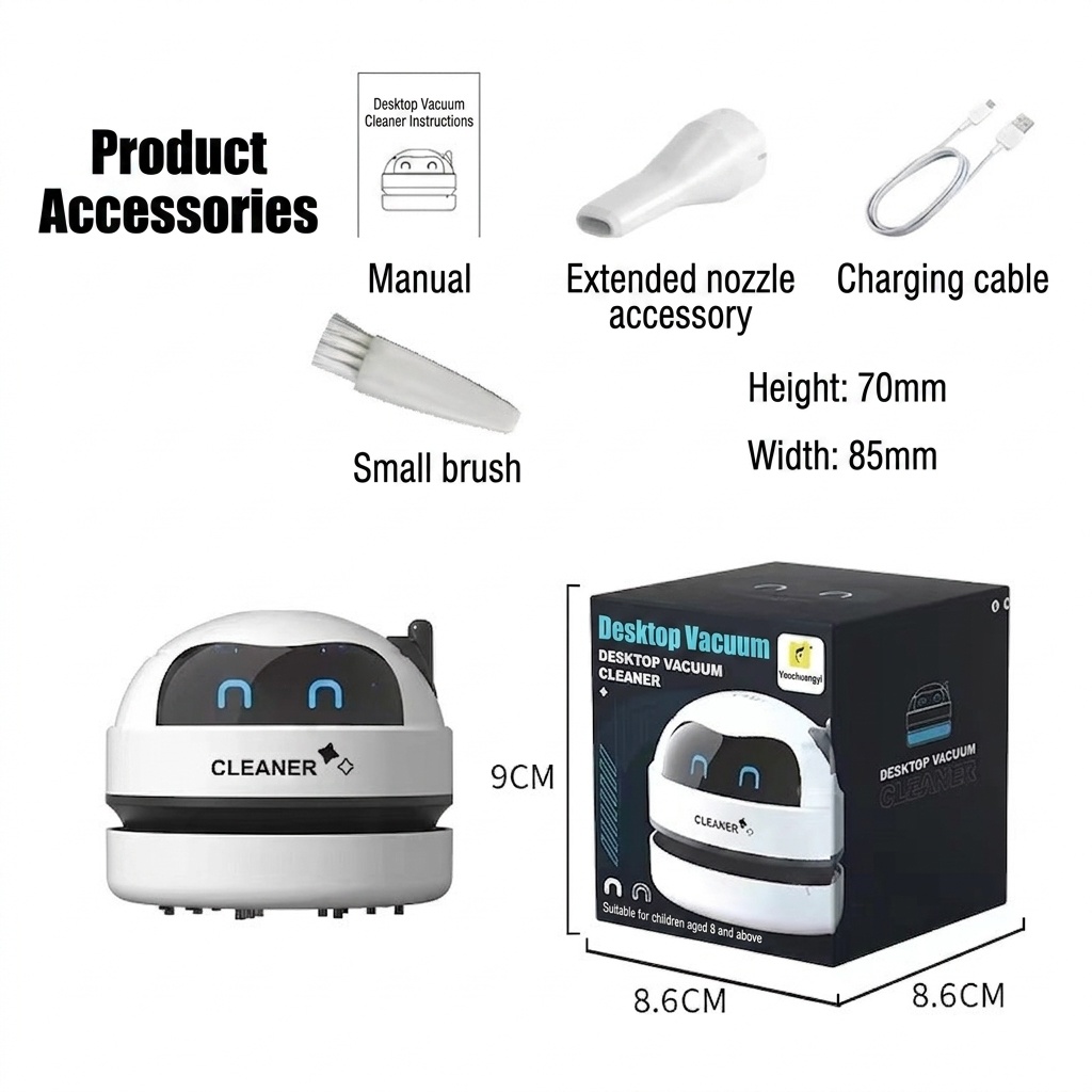 Mini Desktop Vacuum Cleaner, USB Rechargeable Portable Dust Sweeper for Crumbs & Pet Hair, 500mAh Battery, Powerful Suction, Microporous Filter, 5 Spiral Blades