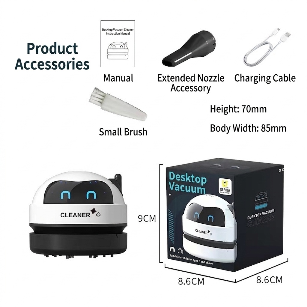 Mini Desktop Vacuum Cleaner, USB Rechargeable Portable Dust Sweeper for Crumbs & Pet Hair, 500mAh Battery, Powerful Suction, Microporous Filter, 5 Spiral Blades