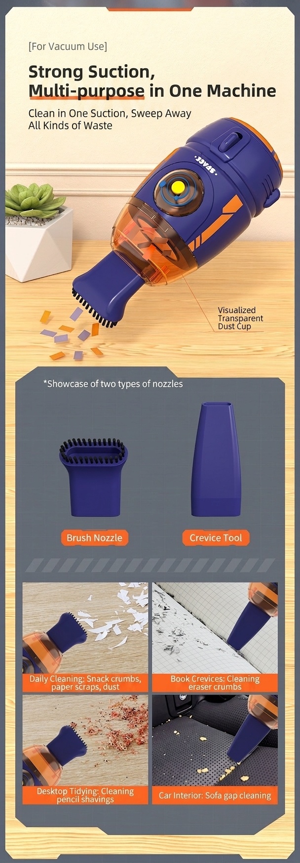 Rocket Desktop Vacuum Cleaner, Portable Mini Dust Sweeper for Desk, Keyboard & Car Interior, Strong Adsorption, Removable Transparent Dust Bin, Compact Design