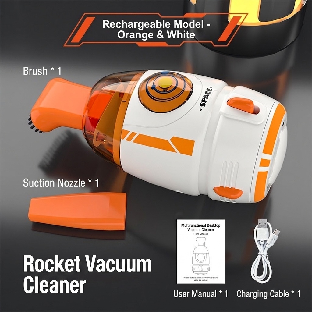 Rocket Desktop Vacuum Cleaner, Portable Mini Dust Sweeper for Desk, Keyboard & Car Interior, Strong Adsorption, Removable Transparent Dust Bin, Compact Design