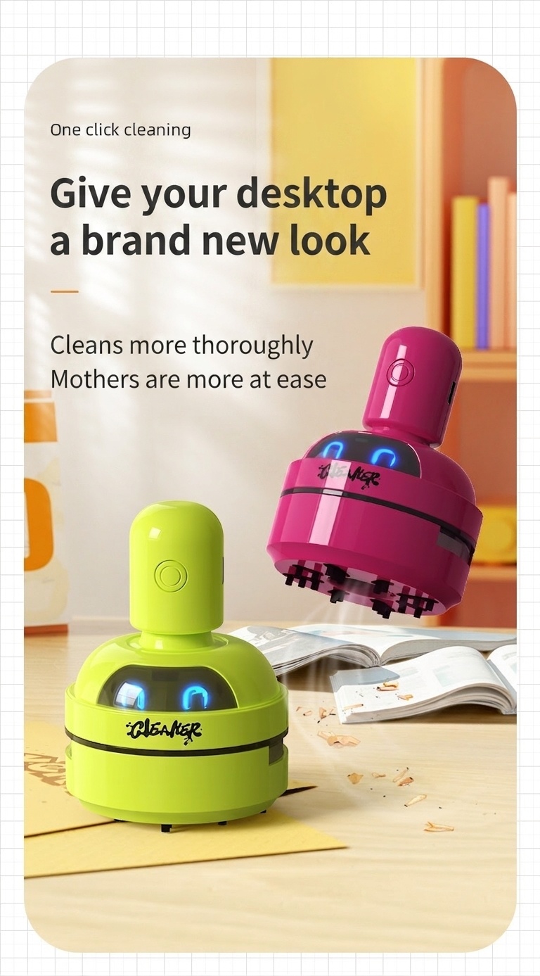 Portable Mini Desktop Vacuum Cleaner, USB Rechargeable Dust Sweeper, Strong 3-Speed Suction, Micro-Porous Filter, 400mAh Battery for Workspace Cleaning