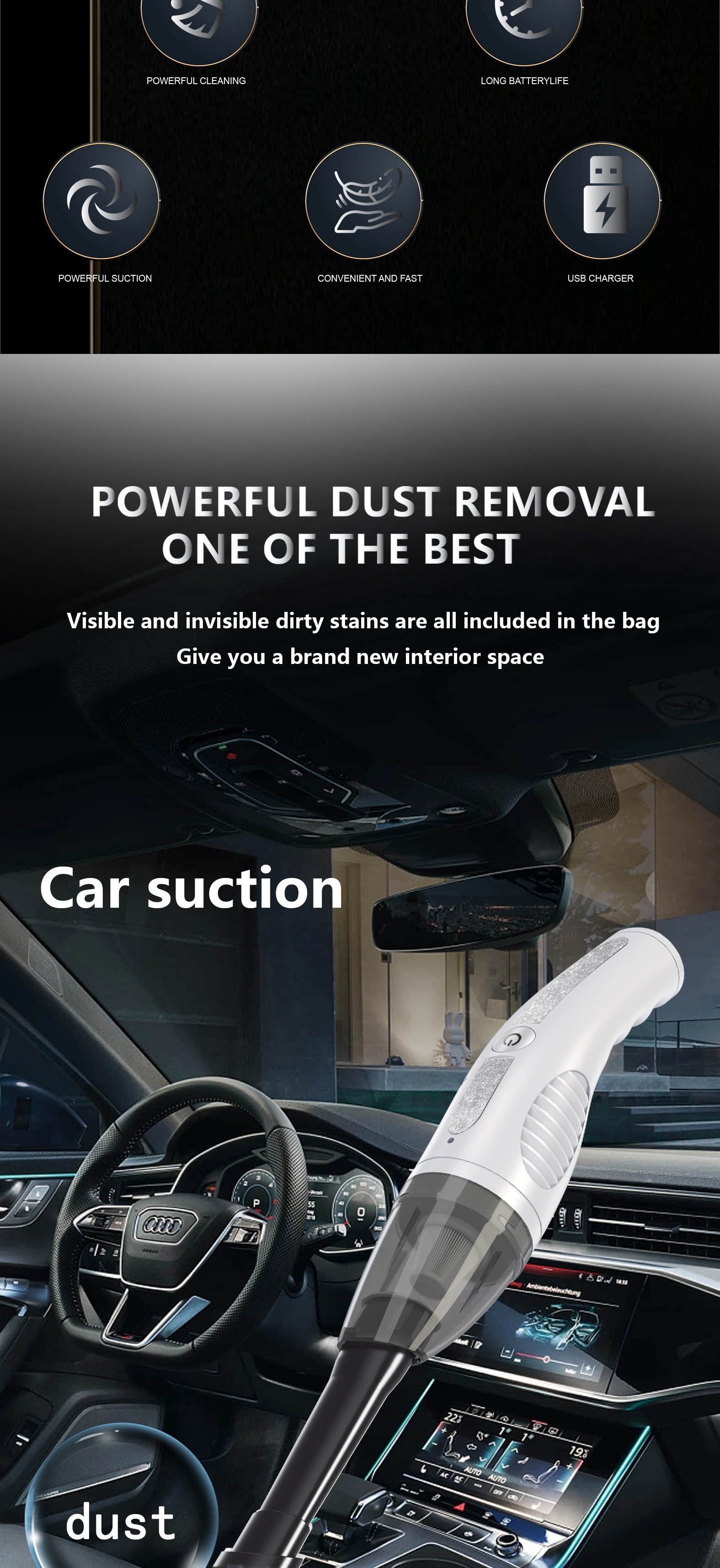 Wireless Handheld Car Vacuum Cleaner, Portable & Powerful Suction for Deep Cleaning, Ergonomic Design, Quiet Operation, Long-Lasting Battery for Home & Office