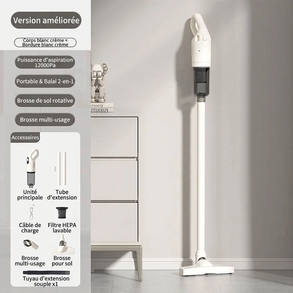 Aspirateur balai sans fil, aspirateur portatif sans fil avec aspiration puissante, filtration multi-étapes, conception légère, batterie longue durée et brosse polyvalente.