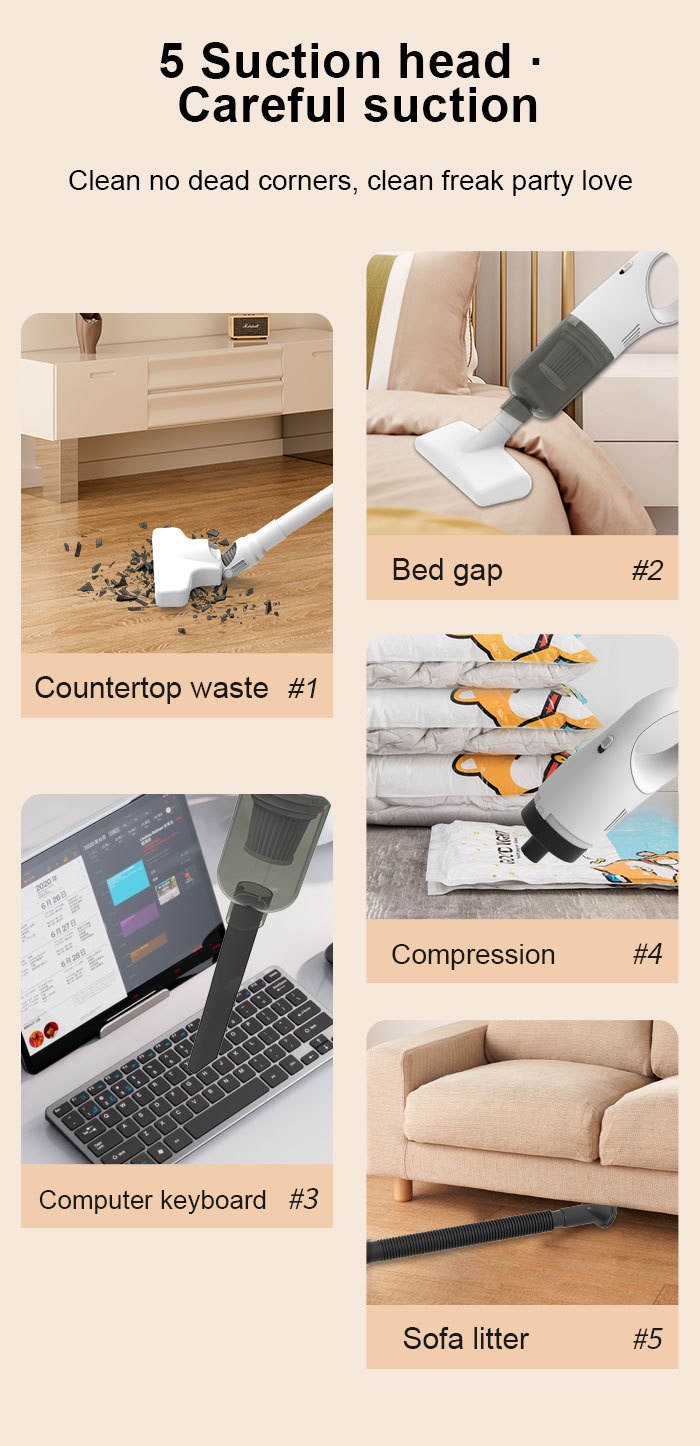 Portable Wireless Handheld Vacuum Cleaner, 15000Pa Strong Suction, 5-Fold Filtration System, Under 70dB Quiet Operation, 30-Min Battery, Multiple Attachments