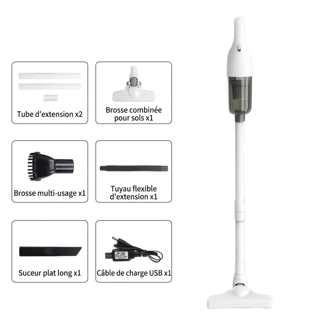 Aspirateur portatif sans fil, aspiration puissante de 15 000 Pa, système de filtration à 5 niveaux, fonctionnement silencieux (moins de 70 dB), autonomie de 30 minutes, accessoires multiples