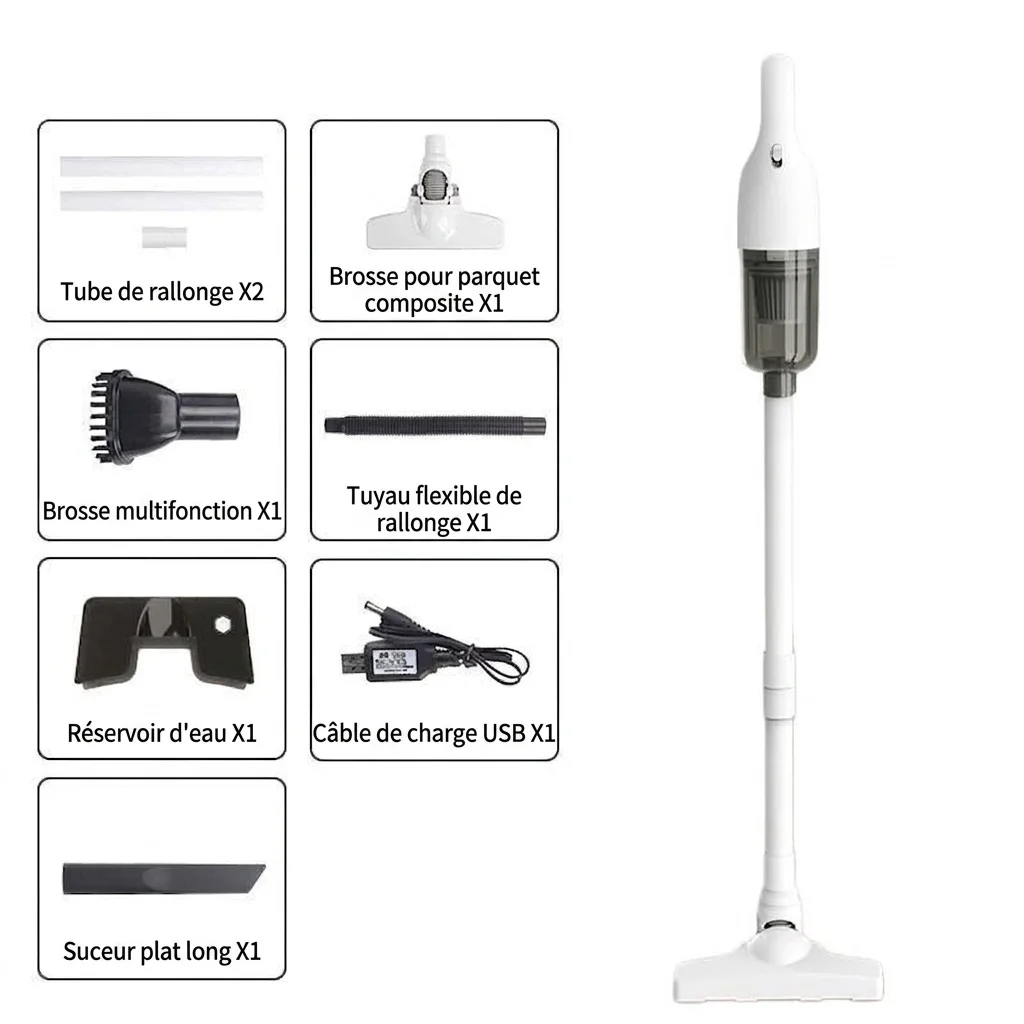 Aspirateur portatif sans fil, aspiration puissante de 15 000 Pa, système de filtration à 5 niveaux, fonctionnement silencieux (moins de 70 dB), autonomie de 30 minutes, accessoires multiples