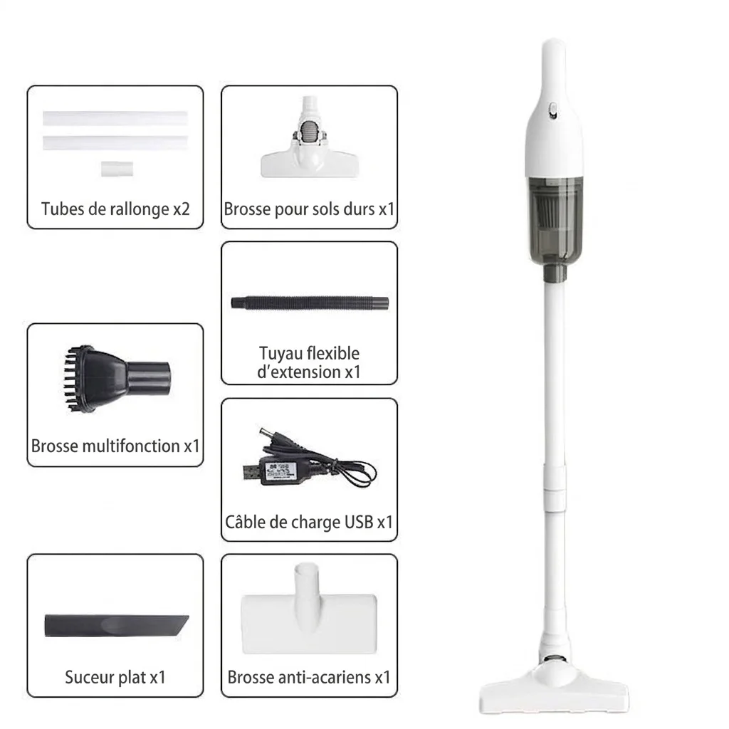 Aspirateur portatif sans fil, aspiration puissante de 15 000 Pa, système de filtration à 5 niveaux, fonctionnement silencieux (moins de 70 dB), autonomie de 30 minutes, accessoires multiples