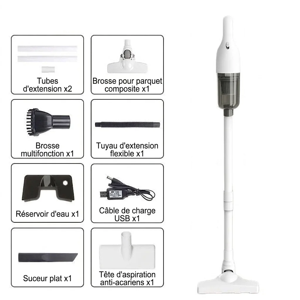 Aspirateur portatif sans fil, aspiration puissante de 15 000 Pa, système de filtration à 5 niveaux, fonctionnement silencieux (moins de 70 dB), autonomie de 30 minutes, accessoires multiples