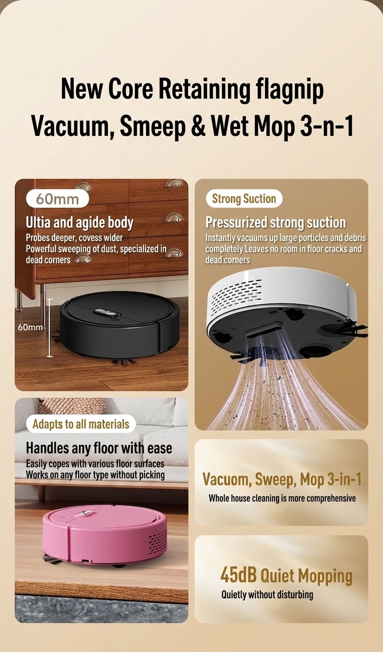 Smart Robot Vacuum Cleaner & Mop, 3-in-1 Auto Sweeping for Pet Hair, Slim 60mm Design, Intelligent Navigation, Quiet 45dB Operation, 60-Min Runtime