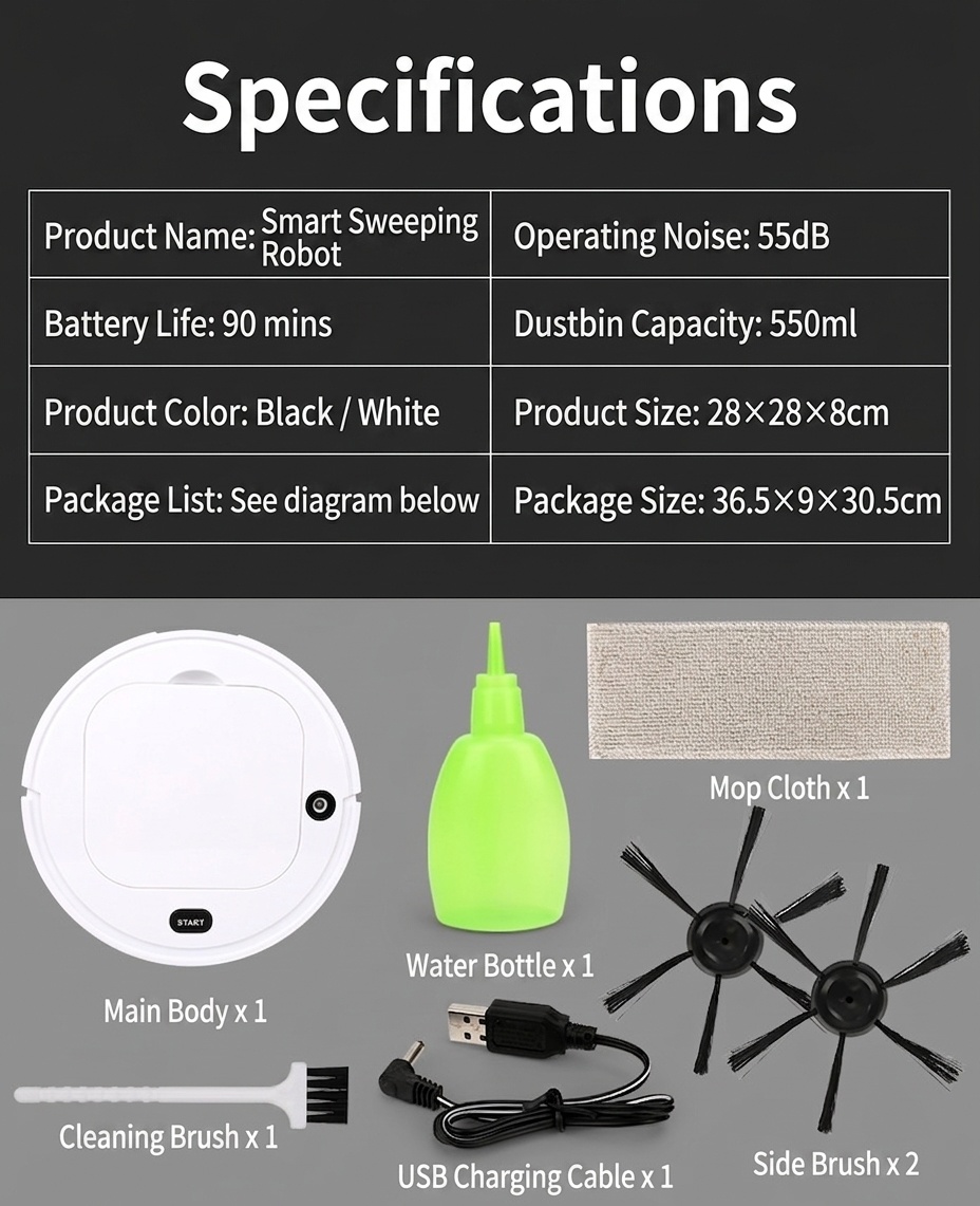 Smart Robot Vacuum Cleaner with Auto Mop & Spray, 1800Pa Powerful Suction, Slim Design for Under Furniture, Quiet Operation (<60dB), 90-Min Battery Life