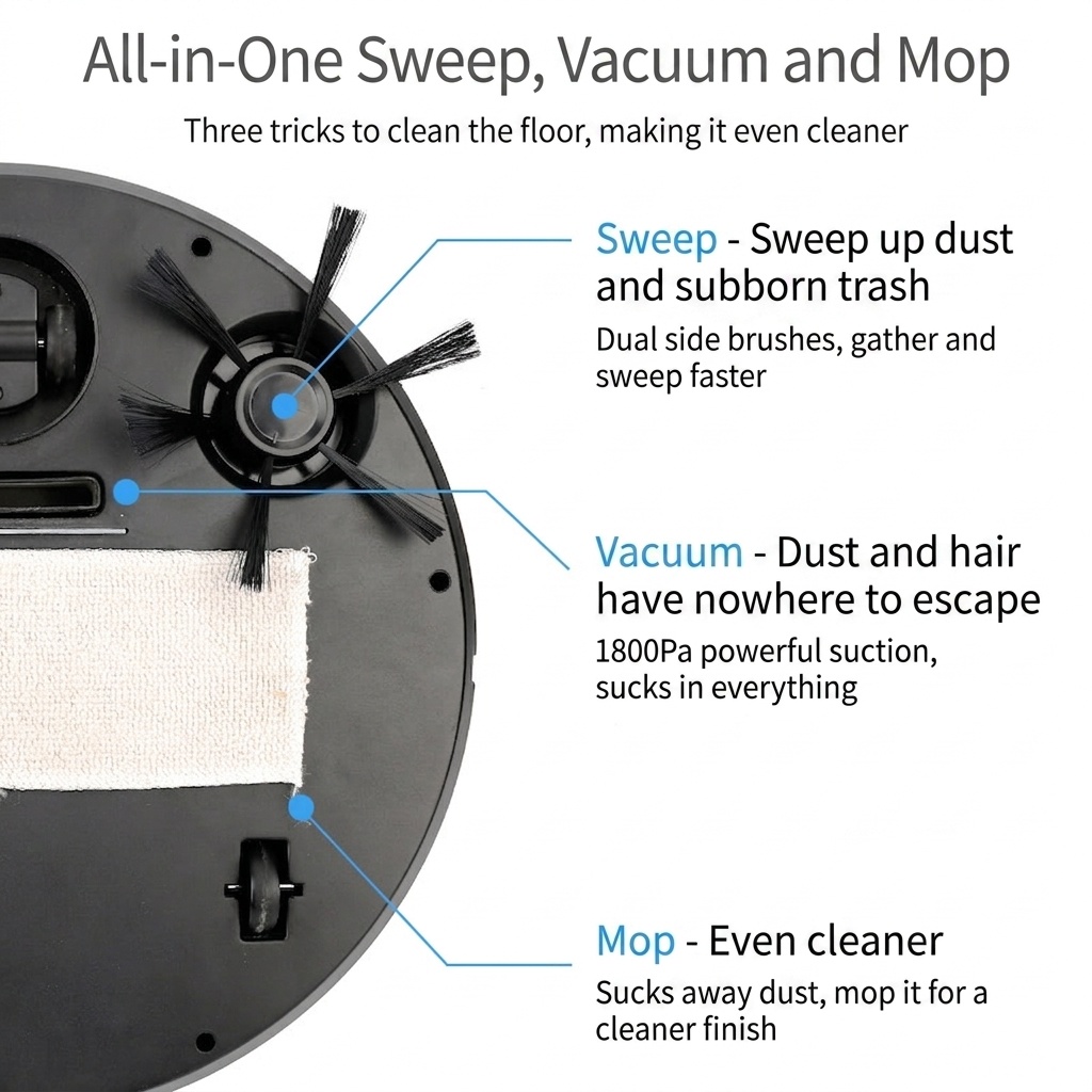 Smart Robot Vacuum Cleaner with Auto Mop & Spray, 1800Pa Powerful Suction, Slim Design for Under Furniture, Quiet Operation (<60dB), 90-Min Battery Life
