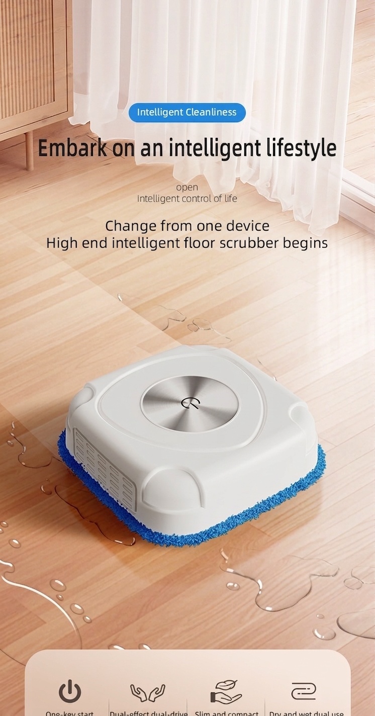 Intelligent Robotic Floor Scrubber, Auto Mopping Machine for Home, Compact Design, Powerful Dust Removal, Low Noise, 800mAh Battery, 120-Min Runtime