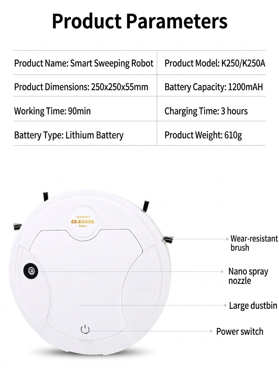 K250A Smart Robot Vacuum Cleaner, 5-in-1 Sweep, Mop, Vacuum, Humidify & UV Sterilize, Intelligent Obstacle Avoidance, 1200mAh Battery, 90-Min Runtime