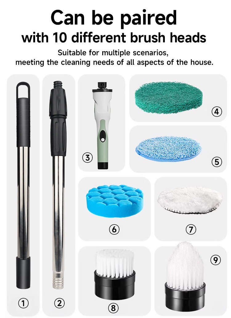 10-in-1 Multipurpose Electric Cleaning Brush, Power Scrubber with Extension, 25W Motor, 3-Speed Settings, IPX7 Waterproof, Type-C Charging, 90-Min Cordless Use