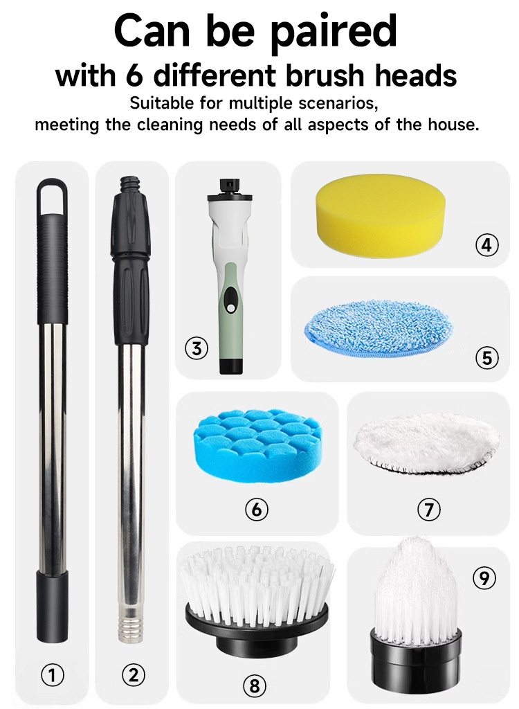 10-in-1 Multipurpose Electric Cleaning Brush, Power Scrubber with Extension, 25W Motor, 3-Speed Settings, IPX7 Waterproof, Type-C Charging, 90-Min Cordless Use