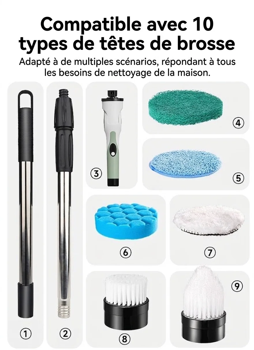 Brosse de nettoyage électrique multifonction 10 en 1, brosse motorisée avec rallonge, moteur de 25 W, 3 vitesses, étanche IPX7, chargement USB-C, autonomie de 90 minutes sans fil
