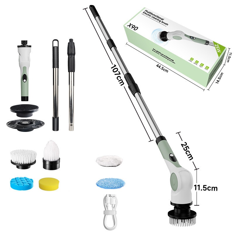 10-in-1 Multipurpose Electric Cleaning Brush, Power Scrubber with Extension, 25W Motor, 3-Speed Settings, IPX7 Waterproof, Type-C Charging, 90-Min Cordless Use