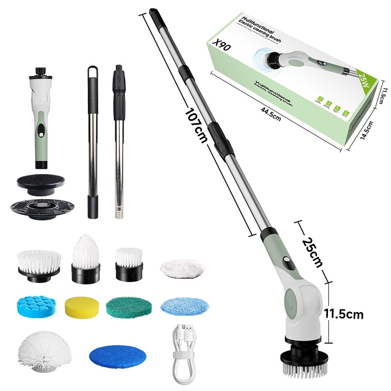 10-in-1 Multipurpose Electric Cleaning Brush, Power Scrubber with Extension, 25W Motor, 3-Speed Settings, IPX7 Waterproof, Type-C Charging, 90-Min Cordless Use