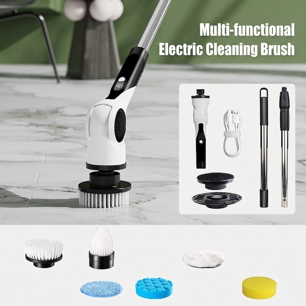 10-in-1 Multipurpose Electric Cleaning Brush, Power Scrubber with Extension, 25W Motor, 3-Speed Settings, IPX7 Waterproof, Type-C Charging, 90-Min Cordless Use