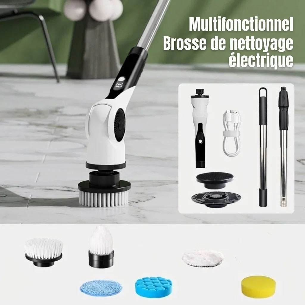Brosse de nettoyage électrique multifonction 10 en 1, brosse motorisée avec rallonge, moteur de 25 W, 3 vitesses, étanche IPX7, chargement USB-C, autonomie de 90 minutes sans fil