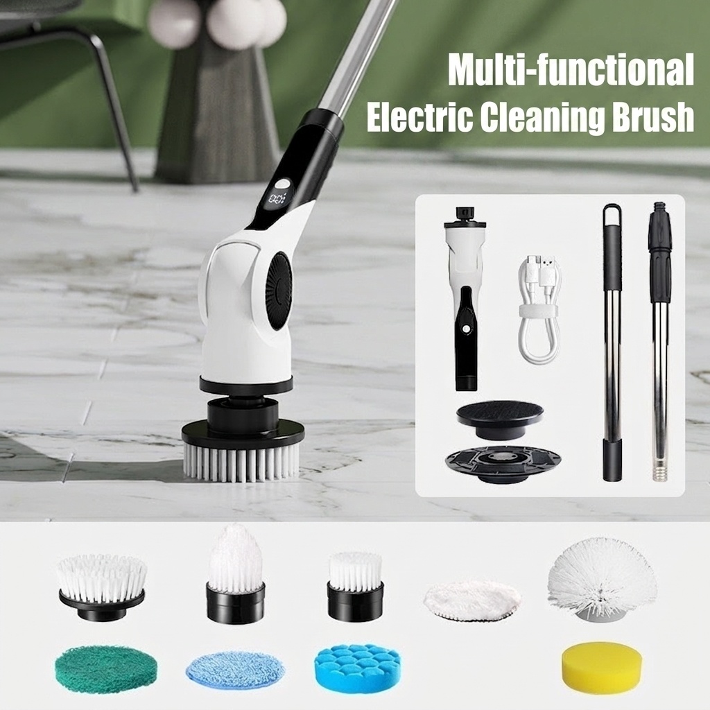 10-in-1 Multipurpose Electric Cleaning Brush, Power Scrubber with Extension, 25W Motor, 3-Speed Settings, IPX7 Waterproof, Type-C Charging, 90-Min Cordless Use